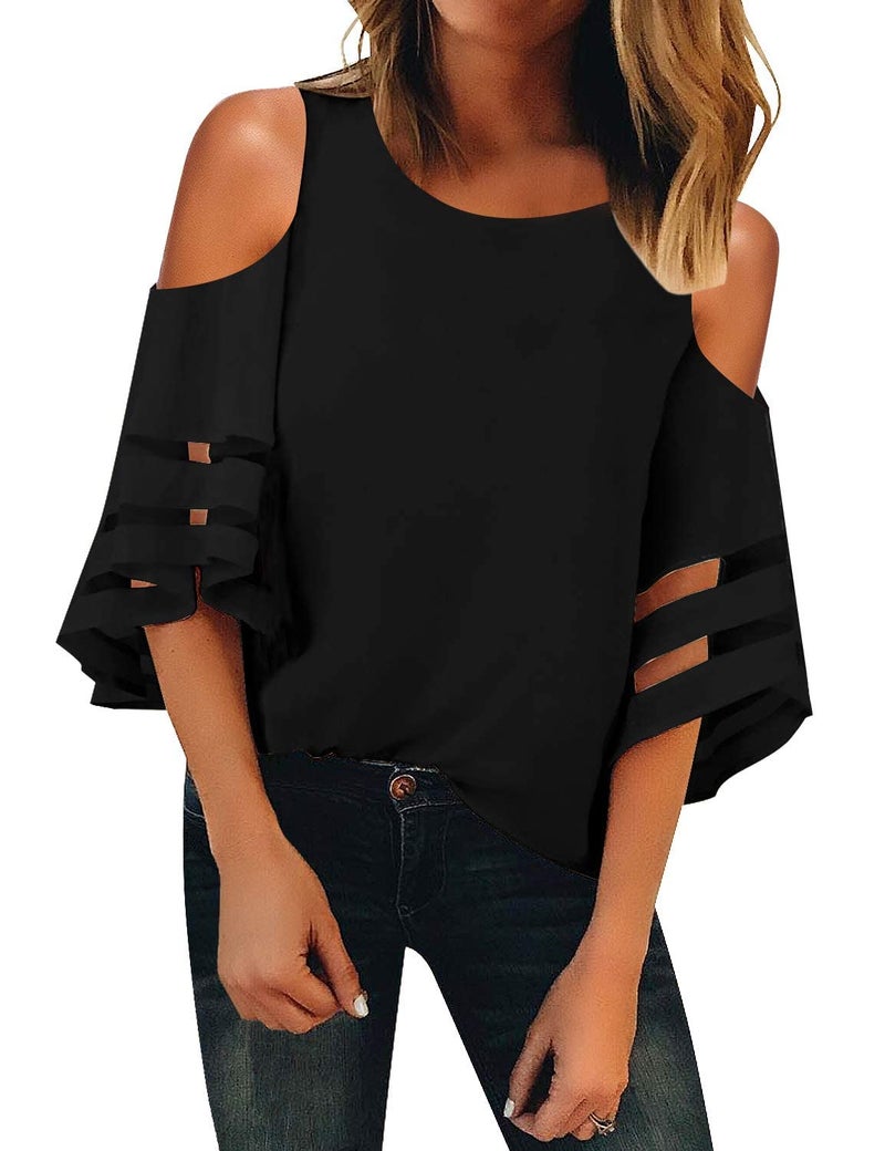 LookbookStore Summer Tops for Women 2026 Womens Cold Shoulder Tops Sexy Casual Black Crewneck 3/4 Sleeve Blouse Womens Tops and Blouse Dressy Casual Loose Tops Shirt Size M Size 8 10 - Image 1